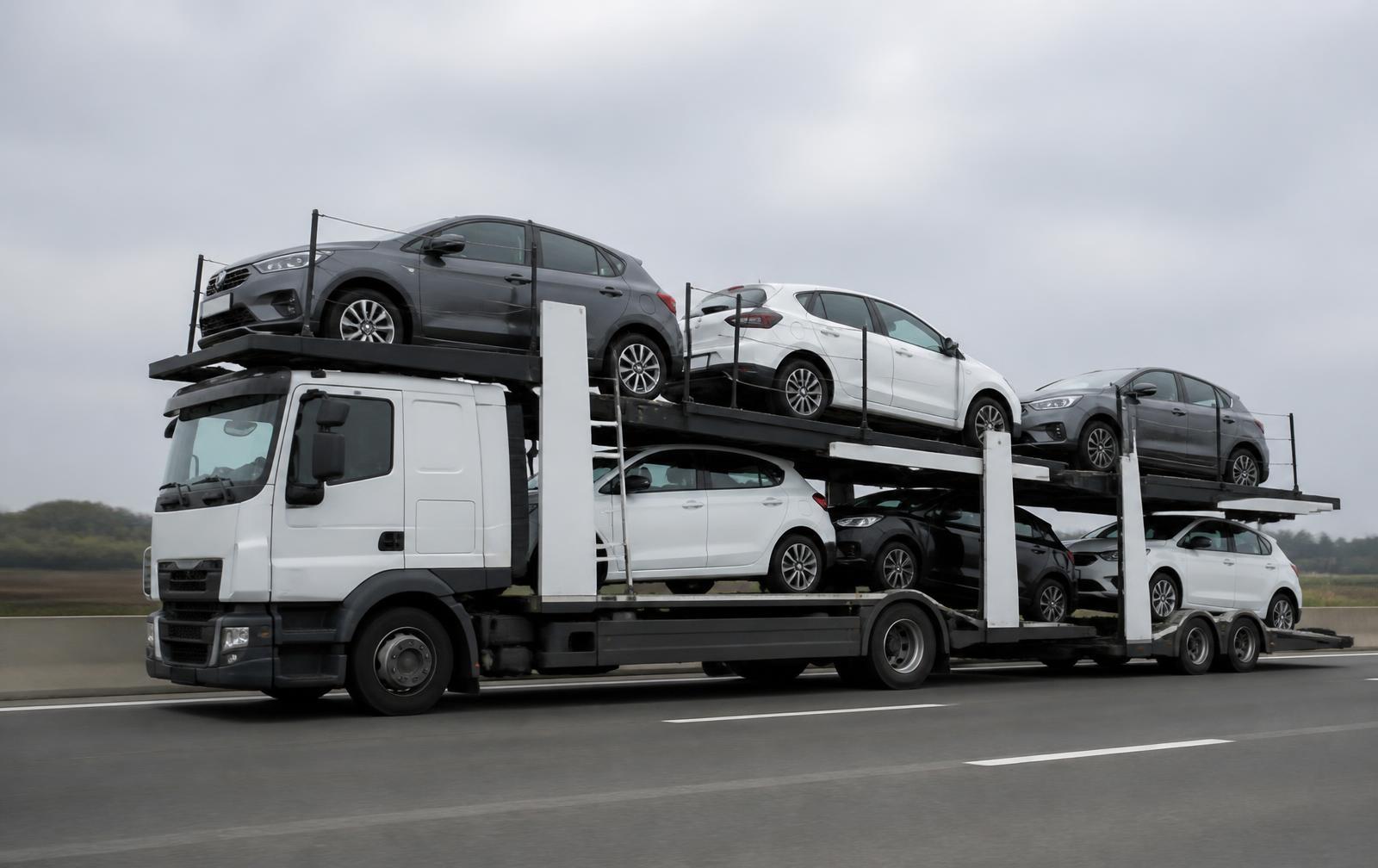 Camião porta-viaturas com automóveis em transporte numa auto-estrada