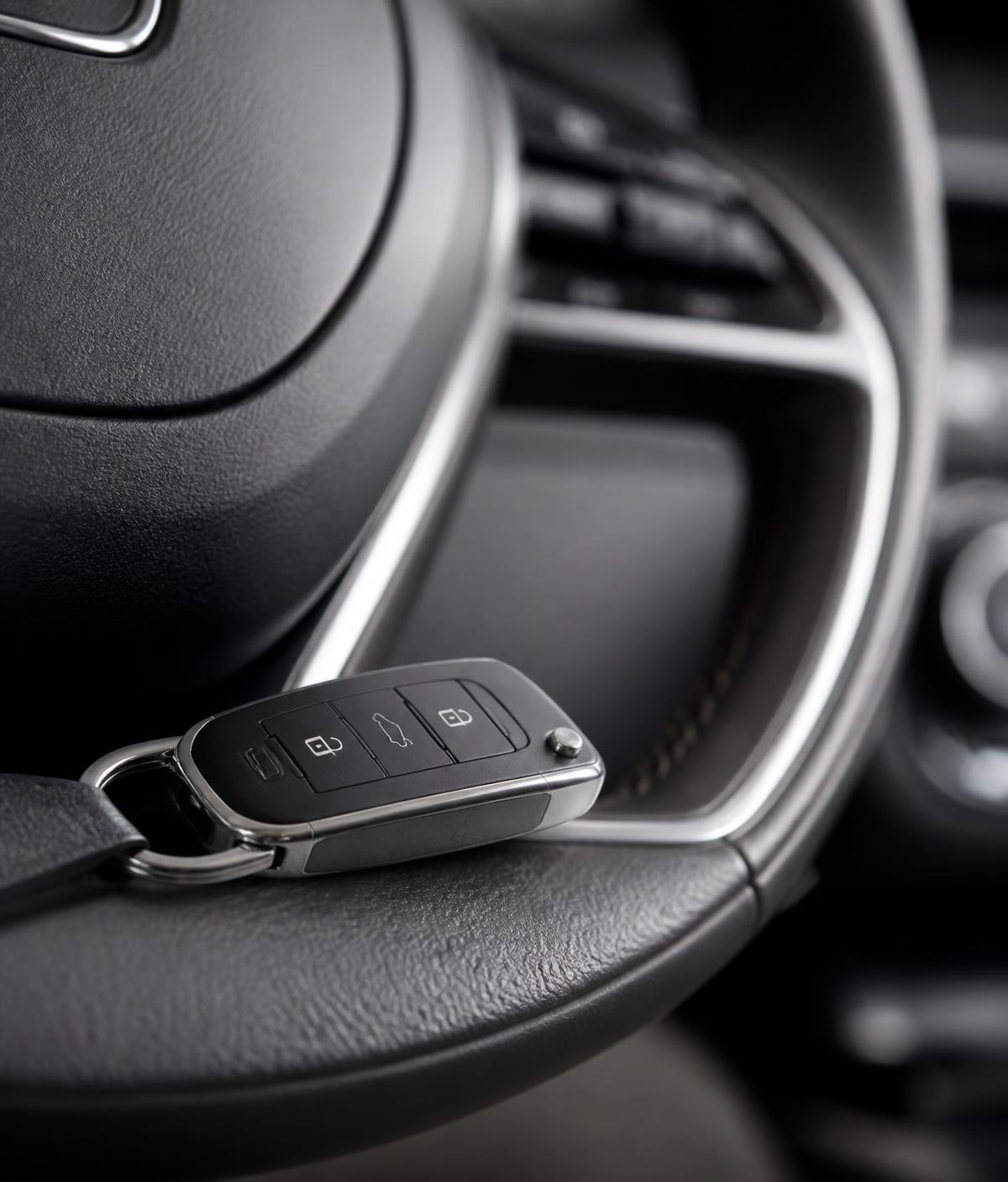 Pormenor do interior de uma viatura com chave sobre o volante